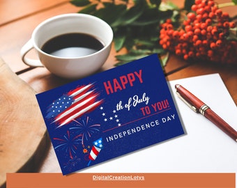 Happy 4th of July Printable Card|Independence Day Card| Fourth of July Card with U.S. Flag and Fireworks