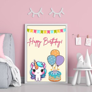 Zauberhaftes Einhorn für Kinder Geburtstagskarte - Grußkarte mit Kuchen und Luftballons