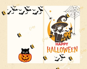 HAPPY HALLOWEEN, HALLOWEEN bats, Black cat card, Halloween lover gift, Digital download, Pumpkin black bats witch Halloween card