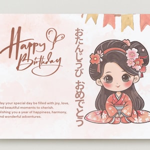 Tarjeta de feliz cumpleaños con melocotón y linda chica en kimono, mensaje en hiragana japonés, regalo personalizado para hija, PNG y PDF digitales