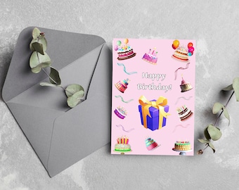 Unique Pink Birthday Card - Illustrated Design and Folded Greeting Option