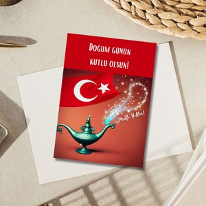 Onthulling van verjaardagswensen, kaart in Turkse stijl: laat de geest eruit | Gelukkige verjaardagskaart | Direct downloaden