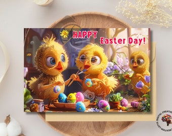 Easter Greeting Card: Cartoon Chicken Family Painting Eggs - Digital Download, Printable PDF & PNG