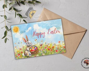 Whimsical Bunny Easter Greeting Card - Digital Watercolor Art, Instant Download