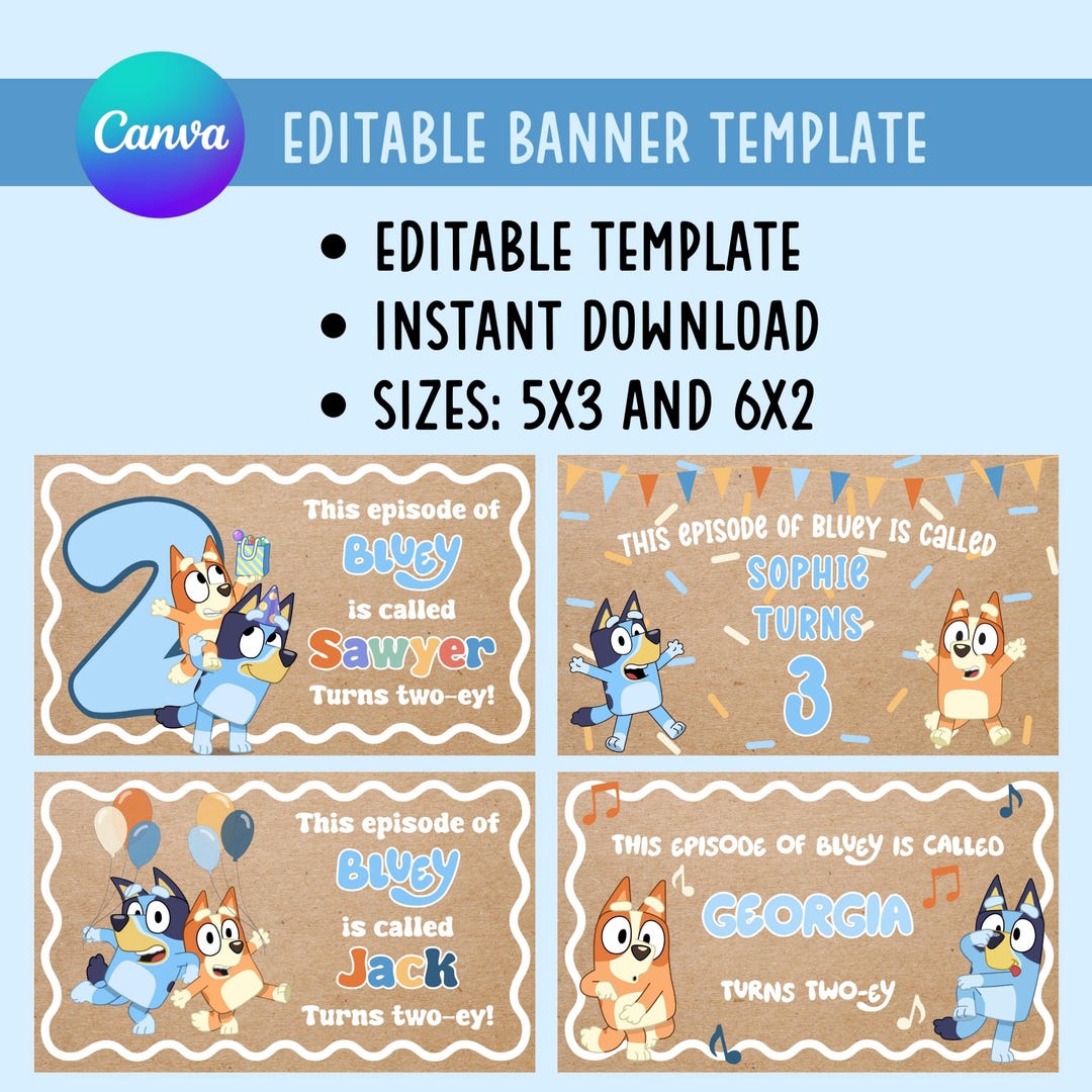 Bluey Birthday Banner Template Bundle | Editable Canva Banner | Set of ...