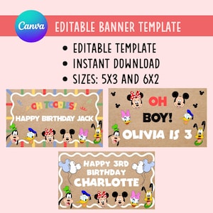 Pode incluir: Um modelo de banner editável com o logotipo Canva. O modelo inclui o texto "Modelo editável", "Download instantâneo" e "Tamanhos: 5x3 e 6x2". A imagem também apresenta três exemplos de banners com personagens da Disney e cumprimentos de aniversário.