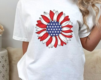 4th of July Shirt, Flower Flag Patriotic Tee, American Tshirt, Independence Day Shirt, USA Shirt, Fourth of July Shirt, V-Neck, XL Sizes
