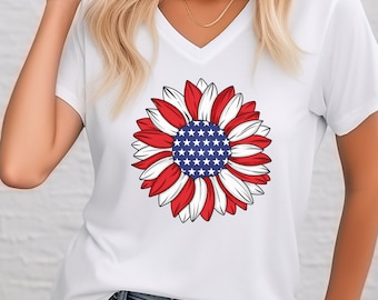4th of July Shirt, Flower Flag Patriotic Tee, American Tshirt, Independence Day Shirt, USA Shirt, Fourth of July Shirt, V-Neck, Plus Sizes