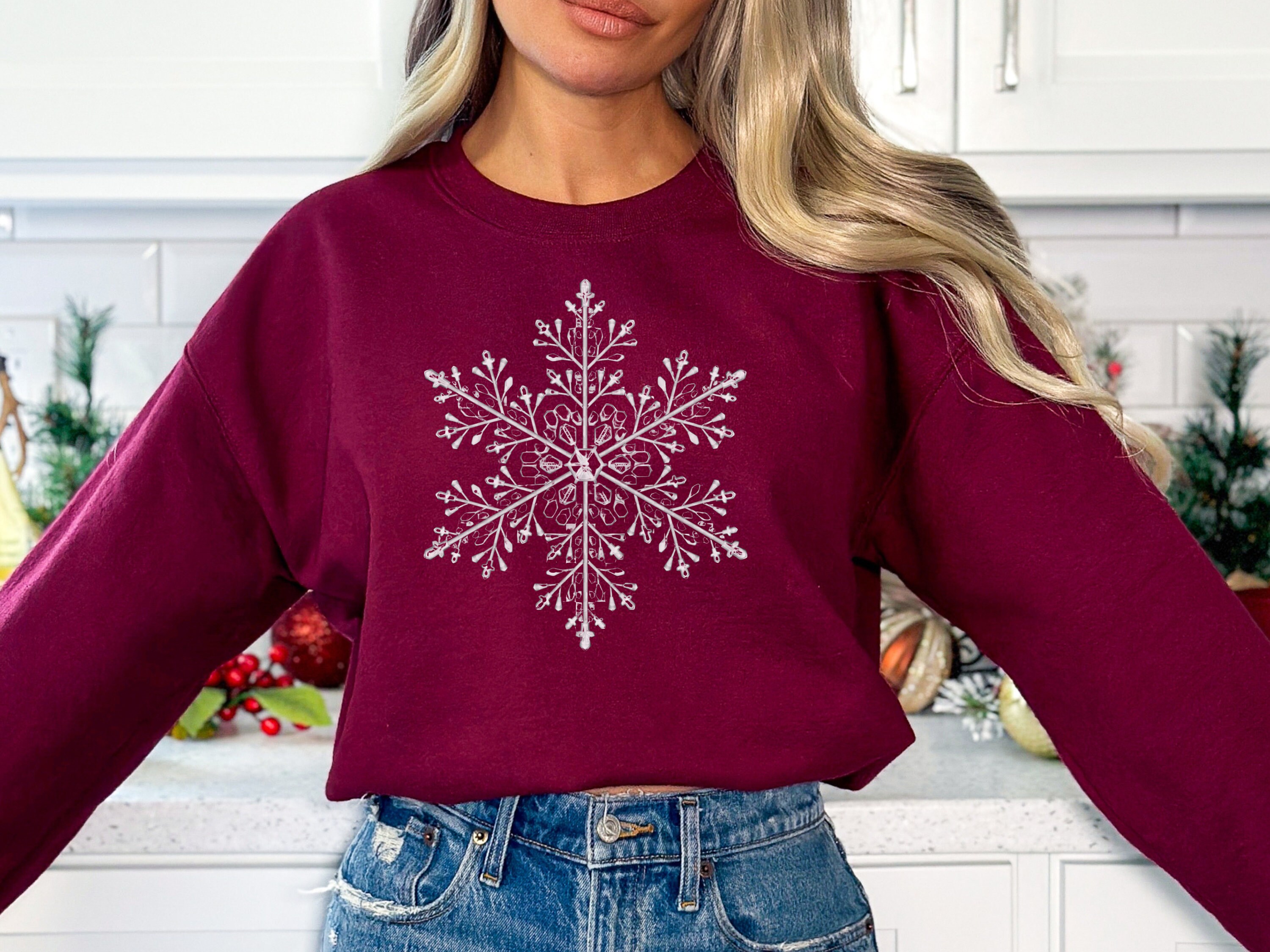 トップス SNOW FLAKE SWEAT SHIRTS Snowflake Hoodie, Embroidered Snowflakes Hooded Sweatshirt