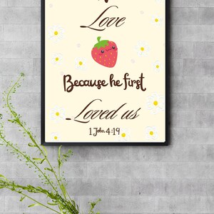 Strawberry Bible Verse Wall Art, Yellow Christian Printable, Flower Scripture Digital Download, Inspirational Christian Quote, Verse Decor