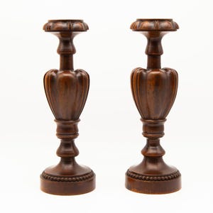Two Hand-carved Italian Candlesticks made out of Walnut Around the 19th Century Ideal as Housewarming Gift or for Candlestick Collectors