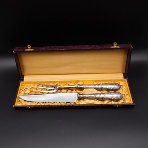 Two-Piece Silver French Carving Set Consisting a Large Knife and a Three Prong Fork Stamped and Perfect as a Chef's Gift or Cooking Gift