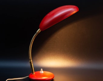 Red Vintage Table Lamp: Golden Neck, Bedside Reading Light