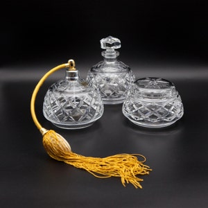Three Piece Crystal Parfum Set by Val Saint Lambert in Art Deco Style Made in Belgium is a Perfect Collector Gift for Antique Lovers