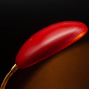 May include: A red desk lamp with a curved, elongated shade. The lamp has a flexible, brass-colored neck and is set against a dark background. The lamp's shade is illuminated, suggesting it is turned on.