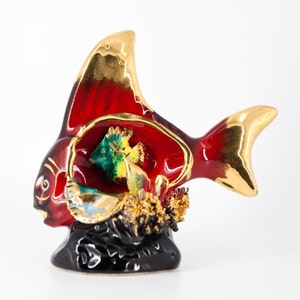 Vintage Lamp from Vallauris in Red and Gold Colors in the Shape of a Fish Swimming Among Coral Handmade ideal as a Vintage Gift