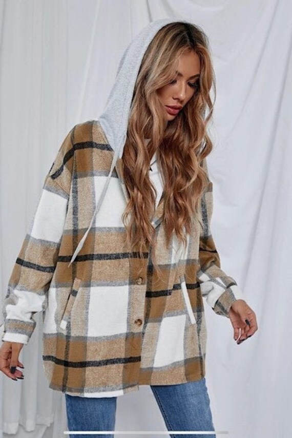 Plaid Drawstring Hooded Jacket - Etsy