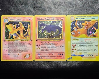 Three First Edition Charizards High quality Handmade Custom Card With pro cases with fast shipping