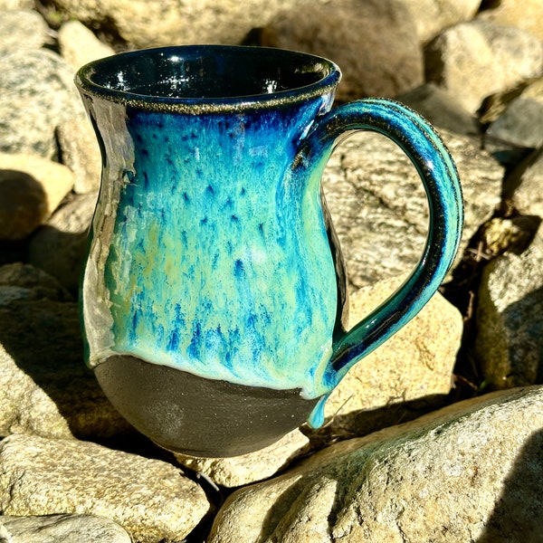 Wheel Thrown Mug with flowing blue and green glazes