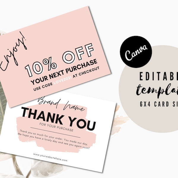 Editable Thank You Coupon Card, Customizable Insert Card, Pink Thank You Order, Product Thank You Insert, Packaging Insert, Canva Template