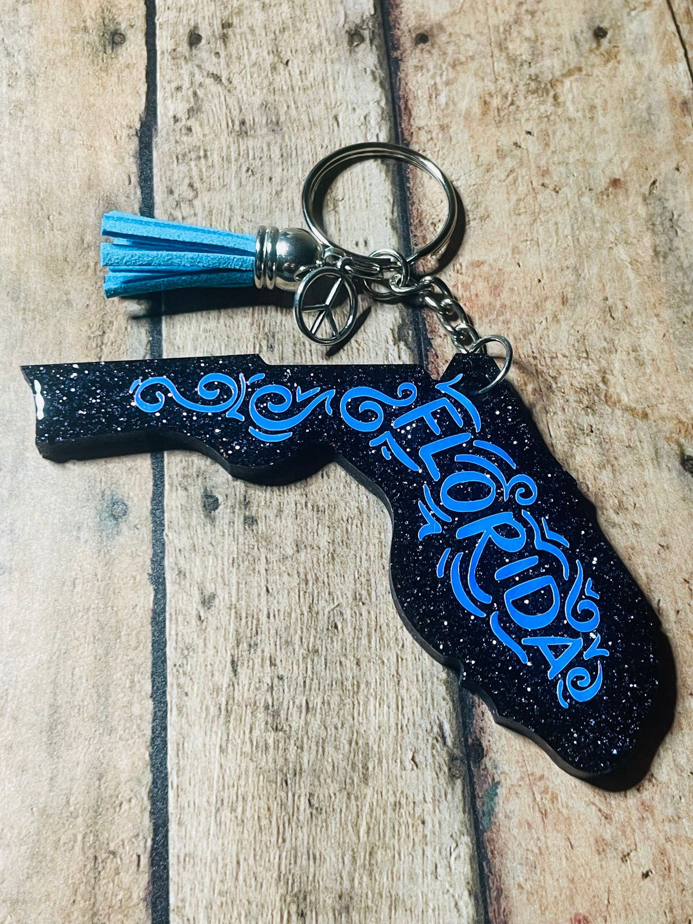 Florida Keychain with Holographic Vinyl Charm and Tassel Etsy