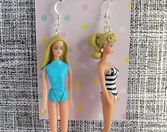 Vintage Style Barbie Mismatch Earrings with Original Swimsuit and Malibu Barbie