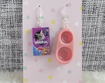 Cat Lady Tiny Cat Food and Cat Bowl Earrings on Silver Ear Wires