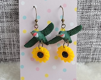 Ruby Throated Hummingbird with Yellow Sunflower Dangle