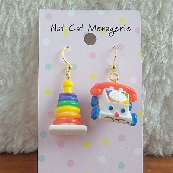 Classic Fisher-Price Rock-A-Stack and Chatter Phone Vintage Toy Mismatched Earrings-Silver Ear Wires