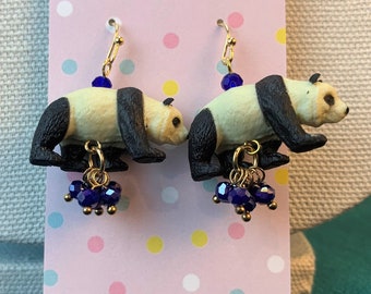 Whimsical Panda Bear Earrings with Blue Glass Bead Dangle