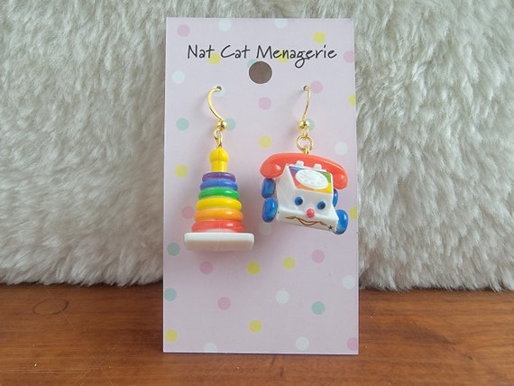 Classic Fisher-Price Rock-A-Stack and Chatter Phone Vintage Toy Mismatched Earrings-Silver Ear Wires