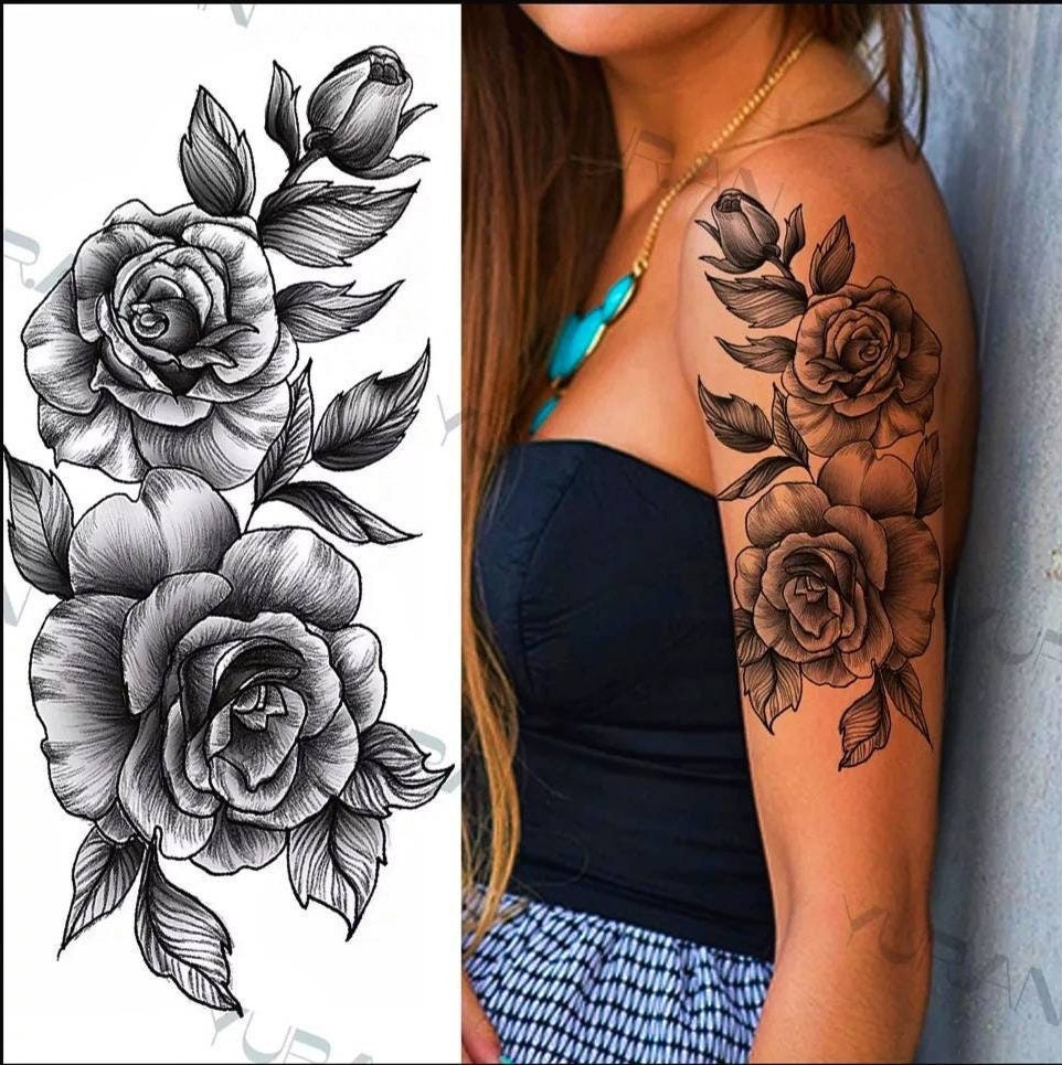 Roses Sleeve Black  White Temporary Tattoo  Temporary Tattoos