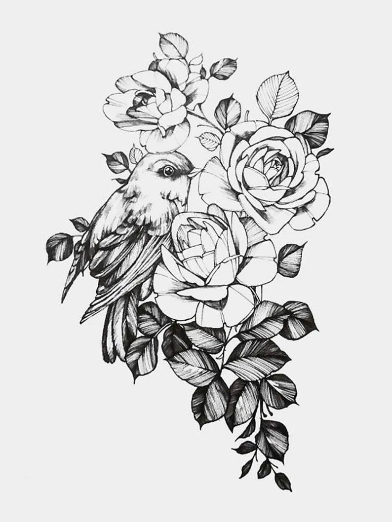 May include: A black and white line drawing of a bird perched on a branch of roses. The bird is facing left and has a detailed design. The roses are in full bloom and have a delicate, intricate design.