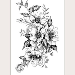 May include: Black and white line art tattoo design of a bouquet of flowers. The flowers are stylized and have a delicate, feminine look.