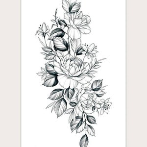 May include: A black and white line drawing of a bouquet of flowers. The flowers are roses and other small flowers with leaves. The drawing is done in a realistic style.