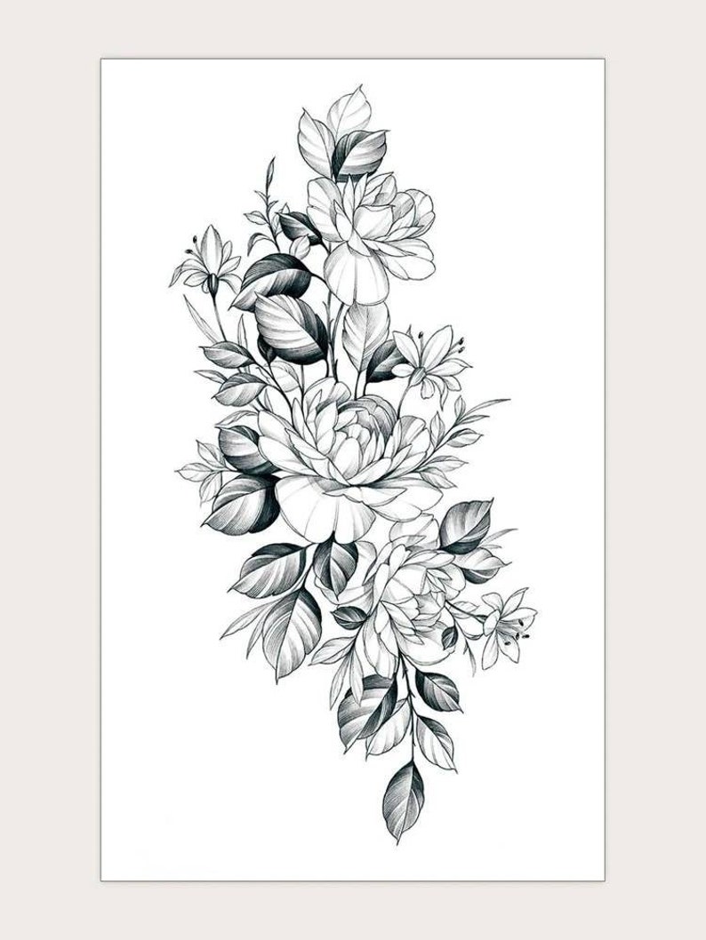May include: A black and white line drawing of a bouquet of flowers. The flowers are roses and other small flowers with leaves. The drawing is done in a realistic style.