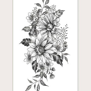 May include: Black and white floral tattoo design featuring a bouquet of flowers with leaves and stems.