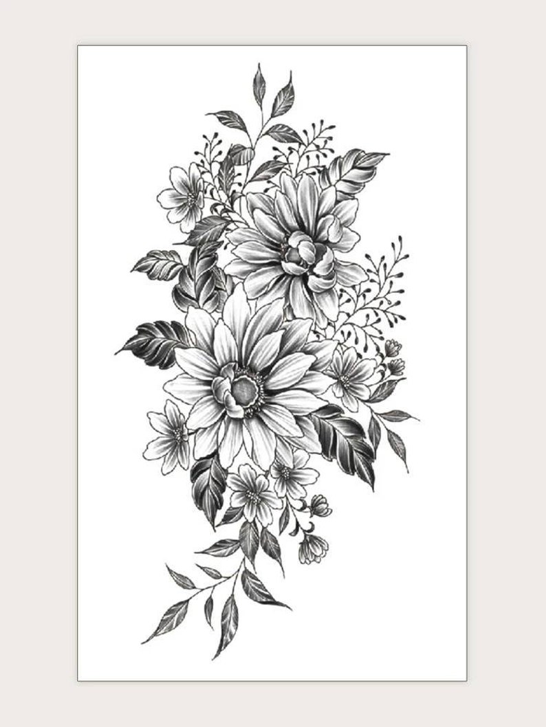 May include: Black and white floral tattoo design featuring a bouquet of flowers with leaves and stems.