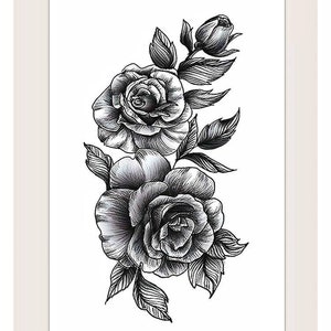 May include: A black and white line drawing of two roses with leaves and a bud.