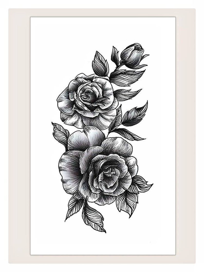 May include: A black and white line drawing of two roses with leaves and a bud.
