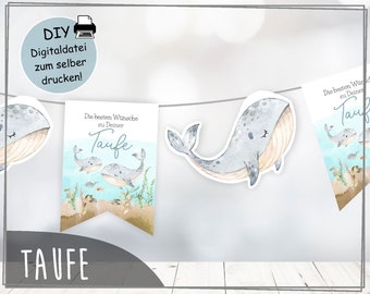 Print your own pennant chain, baptism whale decoration, digital download baby shower plotter file PDF file format jpg png watercolor TAU-WIM-37-00-00