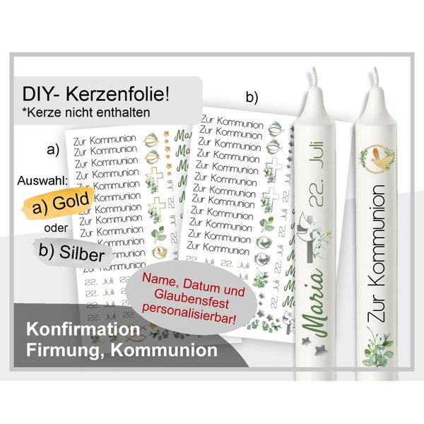 Kerzenfolie Kerzentattoo Kommunion Konfirmation Firmung personalisierbar Wasserschiebefolie Kerzensticker Tischdeko KO-KF-26-02-00