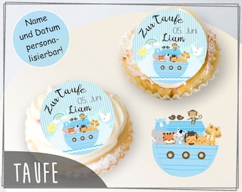 Muffin Deko Taufe Cupcakes Aufleger Cake Topper Junge blau Tortendeko personalisiert Name Datum Regenbogen Arche Noah TAU-MU-35-00-00
