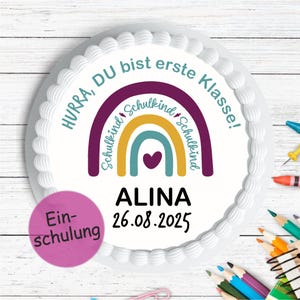 Decorazione per torta personalizzata per il primo giorno di scuola delle bambine | Decorazione arcobaleno commestibile con nome e data | Decorazione per torta di prima elementare SCHU-TO-18-00-00