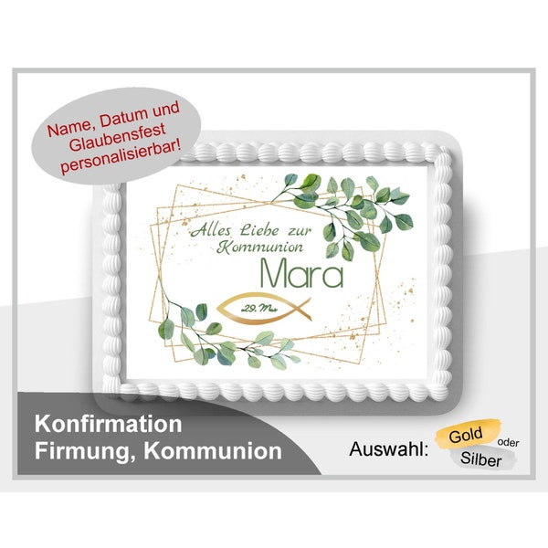 Tortenaufleger eckig DIN A4 Kommunion Konfirmation Firmung Junge Mädchen Fisch personalisierbar mit Namen Tortendeko Fondant KO-ETO-26-00-00