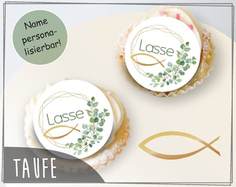 Muffinaufleger Cupcakes Taufe Mädchen oder Junge Name personalisiert Muffin Deko Tortendeko Fisch Eukalyptus Blätter Kranz TAU-MU-31-00-00