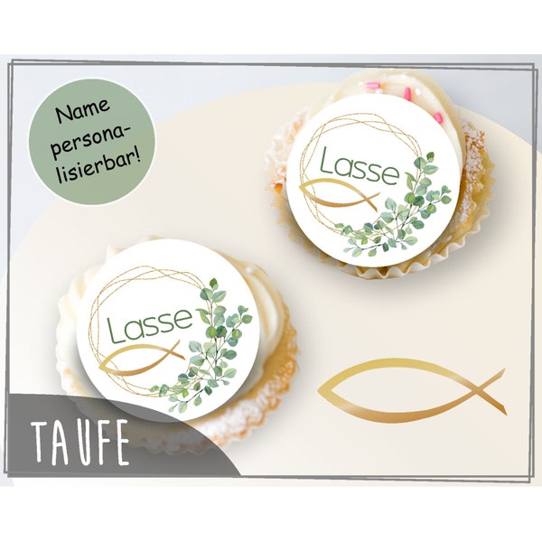 Muffinaufleger Cupcakes Taufe Mädchen oder Junge Name personalisiert Muffin Deko Tortendeko Fisch Eukalyptus Blätter Kranz TAU-MU-31-00-00