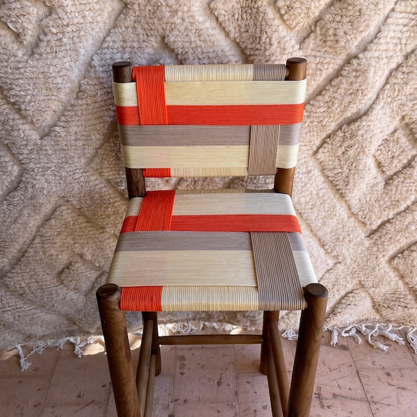 Wooden bar chair, orange and beige braiding, Made by hand and completely customizable to fit you kitchen countertop height - CUSTOMIZABLE