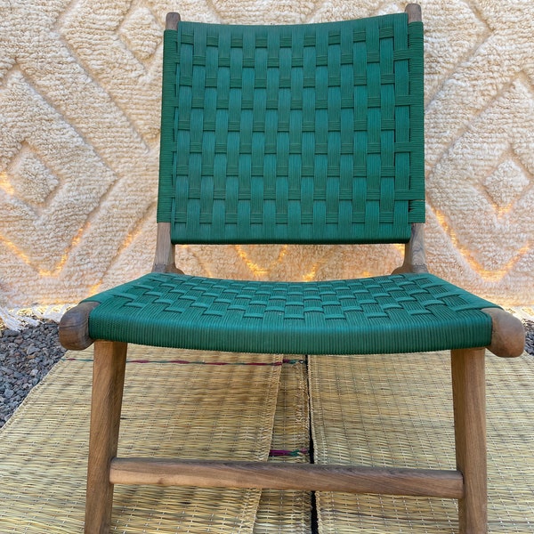 Handcrafted lounge chair in walnut wood and natural rope, patio green arm chair, leather accent, Handmade furniture , Chair for living room