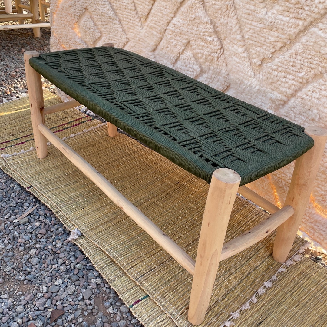Green Entryway Bench, Traditional Handwoven Bed Stool, Moroccan Bench